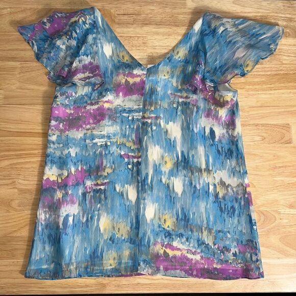 Banana Republic Multi-Color Silk Blouse, Flutter Sleeves & Ruffle Bib, Women’s M - Picture 2 of 11